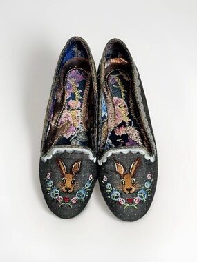 Irregular Choice Black Bigwig Rabbit Embroidered Flat Shoes Size EU 42 - US 11